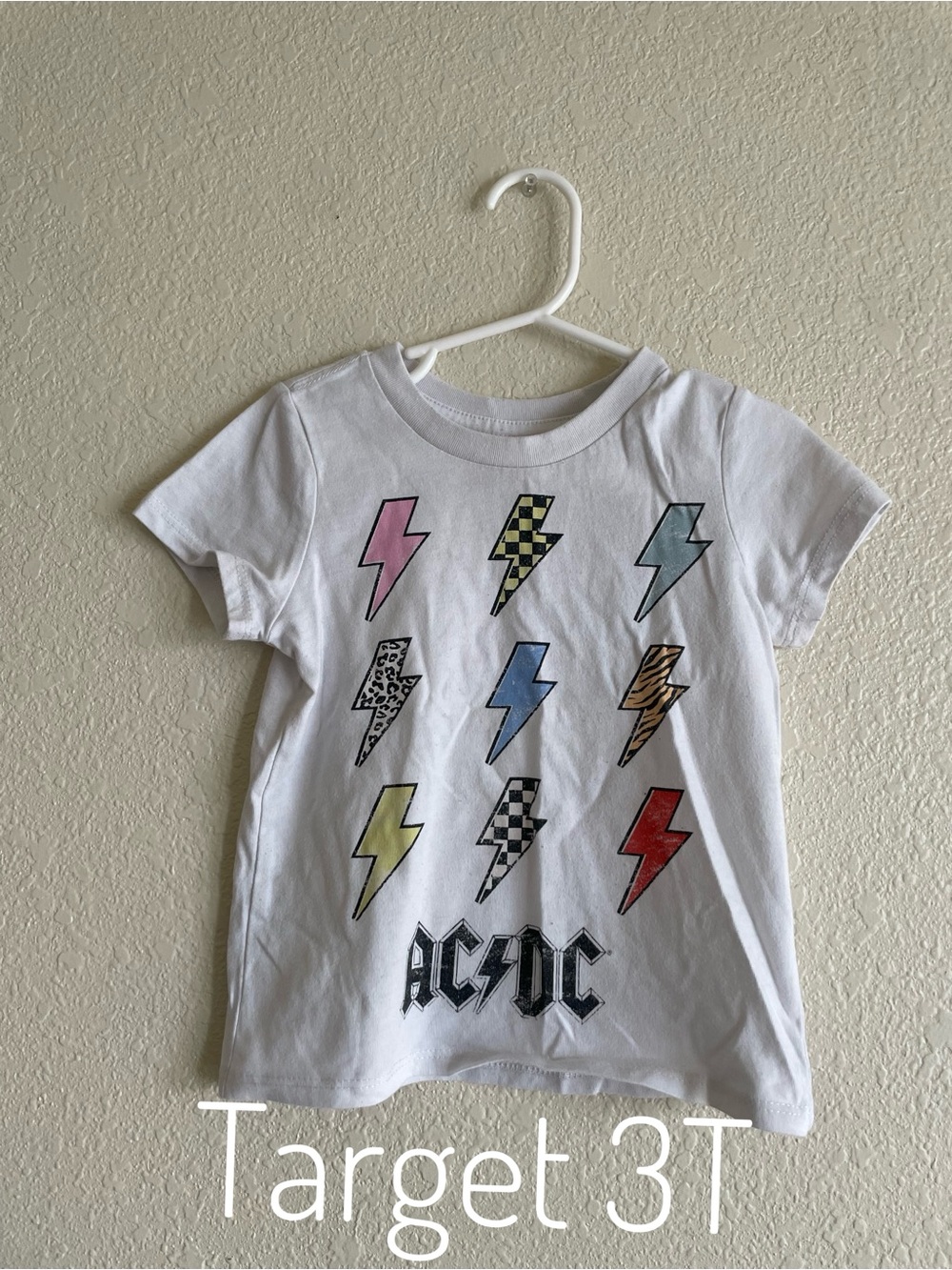 Target White AC/DC Lightning Bolt Tee with Multicolor Bolts